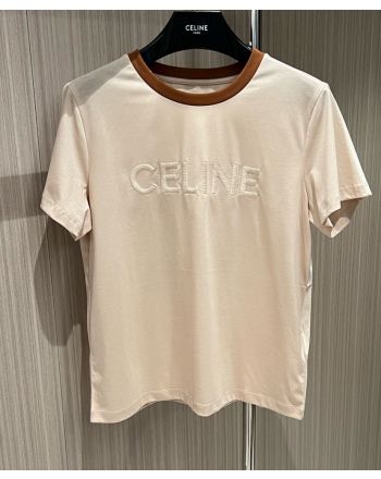 Celine Women's Embroidered Logo Letter T-shirt Cream